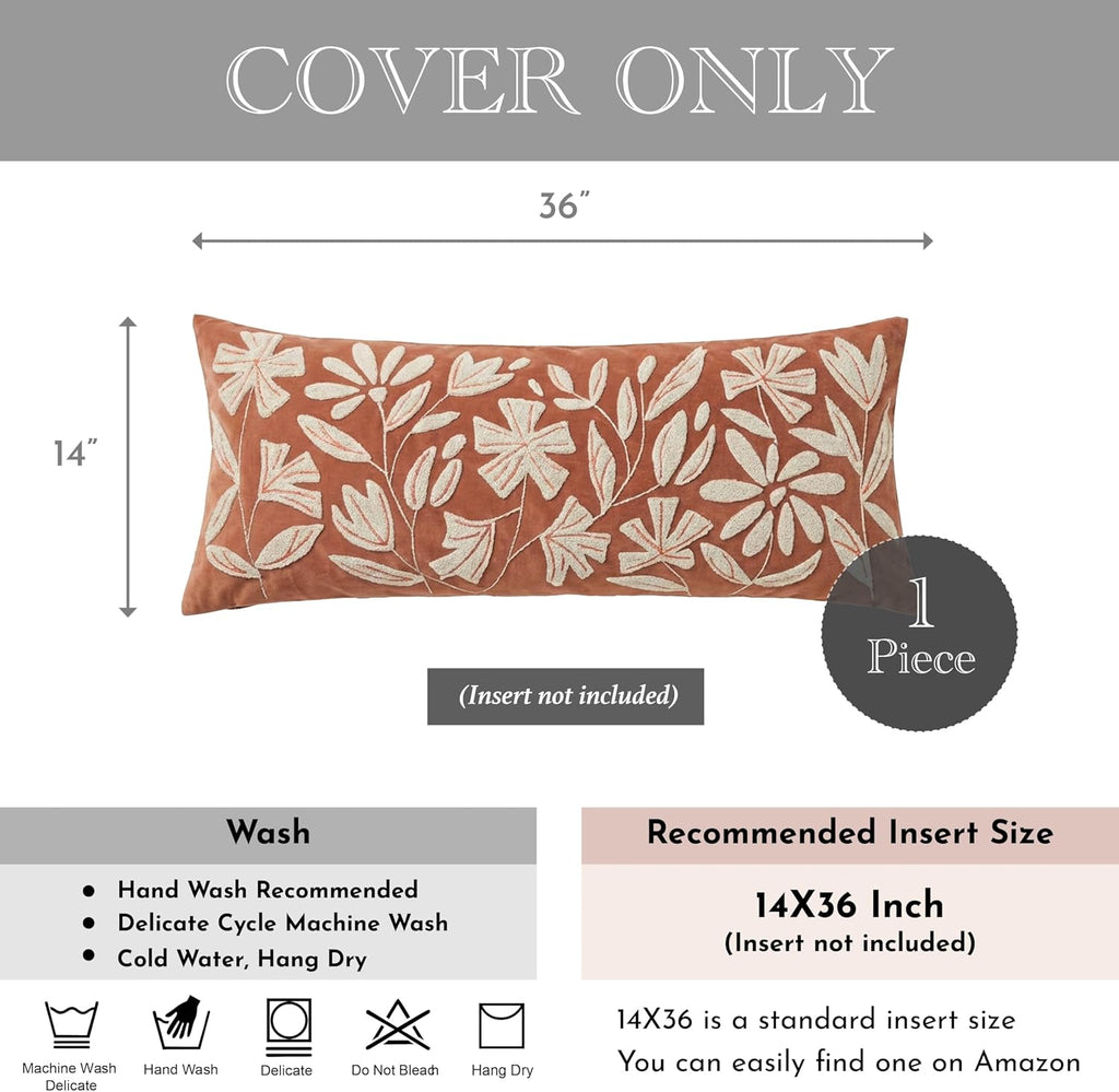 BlissBlush 14x36 Lumbar Pillow Cover for Bed, Brick Red Rectangular Long Throw Pillowcase, Embroidered Velvet Floral Tufted Farmhouse…