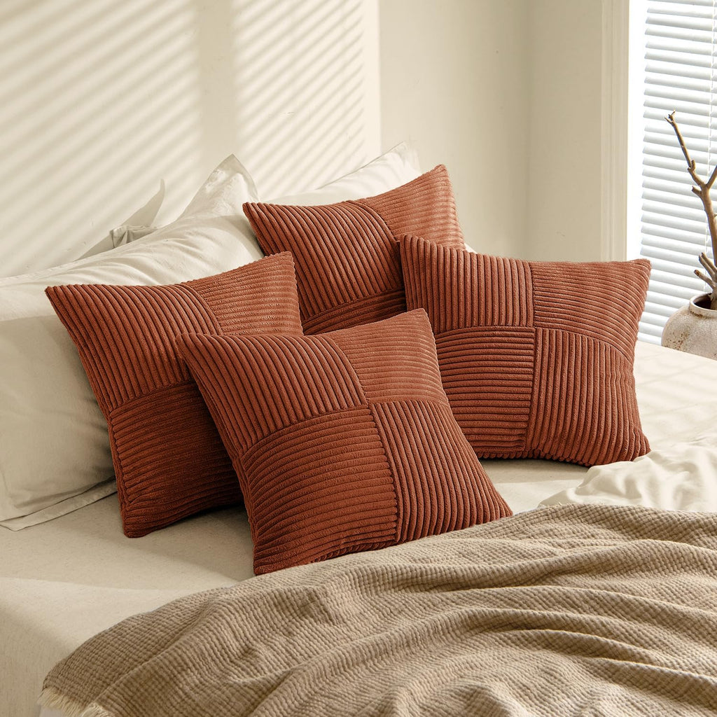 Miulee Boho Farmhouse Rust Decorative Throw Pillow Covers 18x18 Inch 4 Packs Soft Vintage Pillow Cases Modern Corduroy Patchwork Cushion Co…