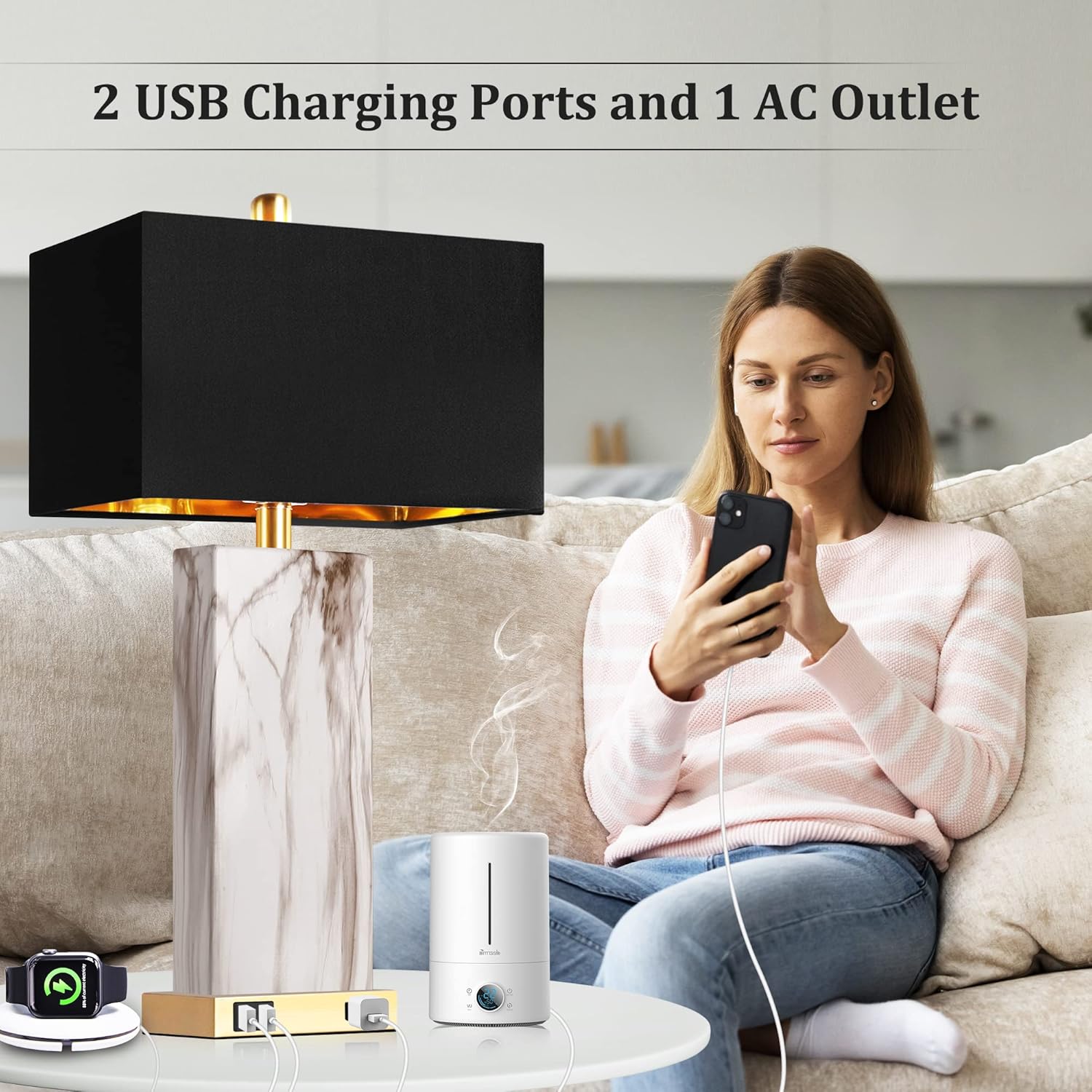 Touch Control Table Lamps Set of 2, Modern Contemporary Bedside Lamp with 2 USB Ports 1 AC Outlet, 3-Way Dimmable Nightstand Lamp Faux…