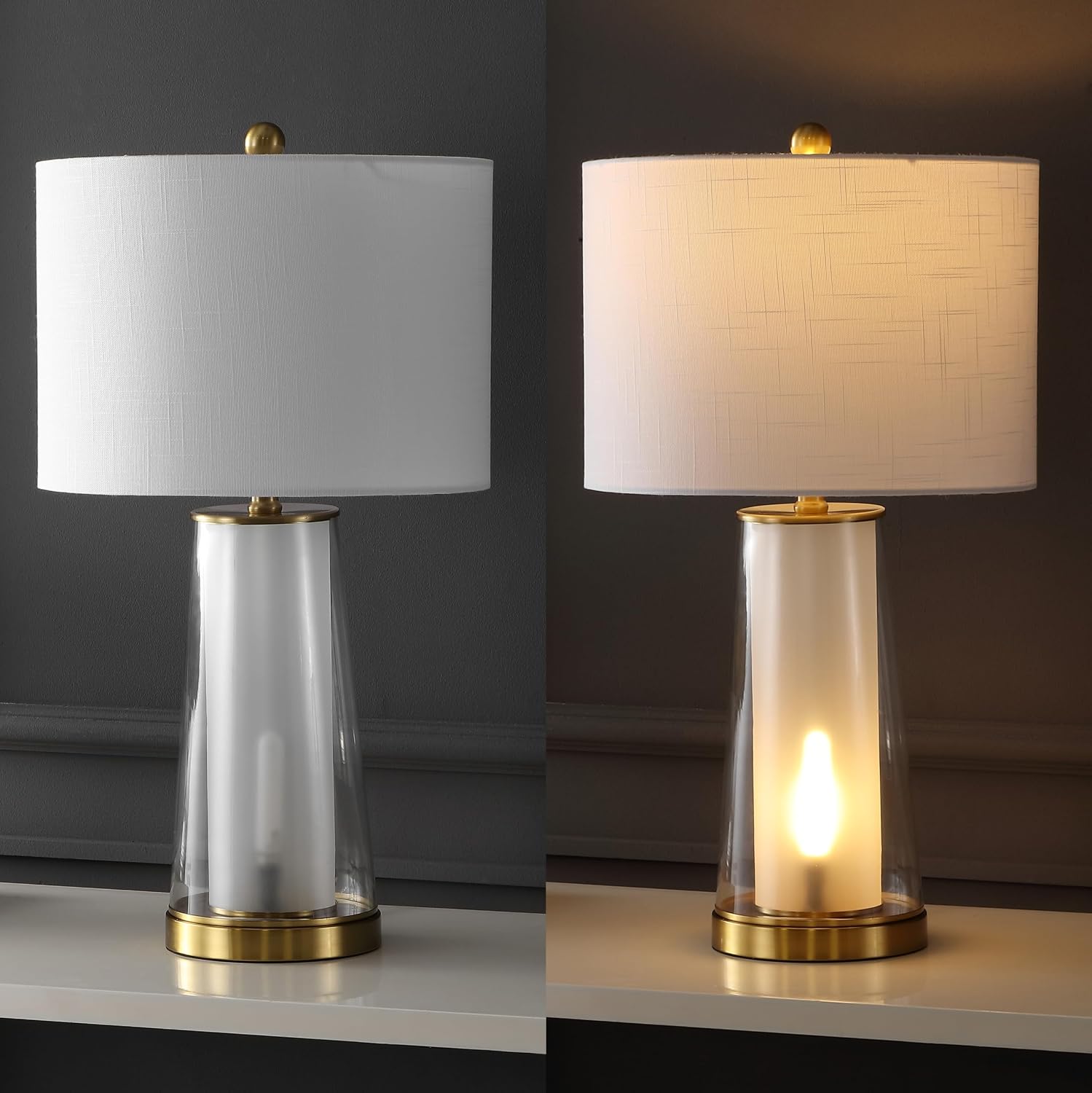 Jonathany JONATHAN Y 26" Clear/Brass Gold Nightlight Table Lamp Set of 2 for Bedroom, Modern Glass Desk Lamps with White Fabric Shade, Farm…