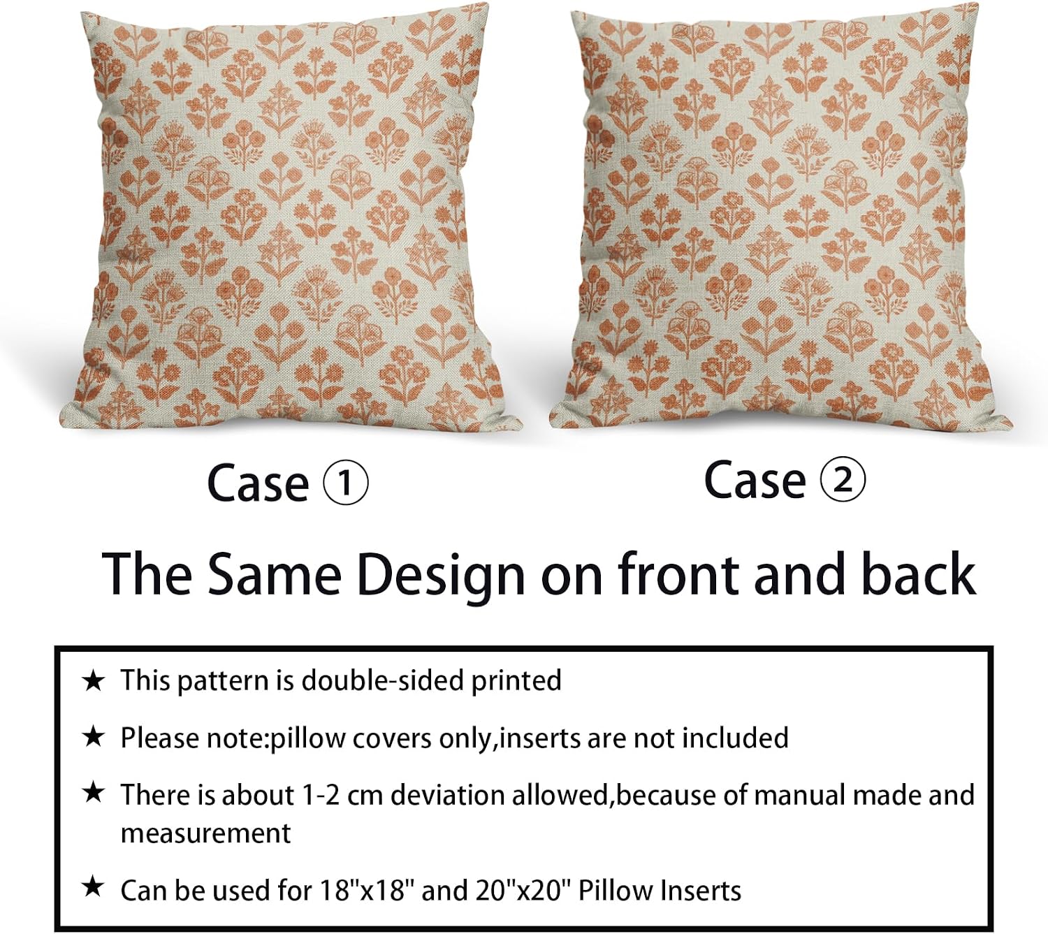Orange Floral Pillow Covers 16x16 Inch Set of 2, Vintage Flower Block Print Pattern Decorative Throw Pillowcases Outdoor Farmhouse…