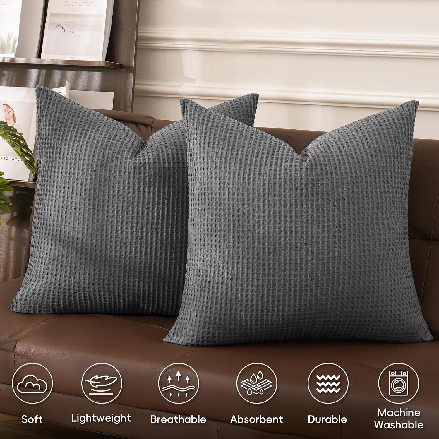 Phf 100% Cotton Waffle Weave Throw Pillow Cover, 22" x 22", No Filling, 2 Pack Elegant Home Decorative Square Throw Pillow Covers for Bed C…