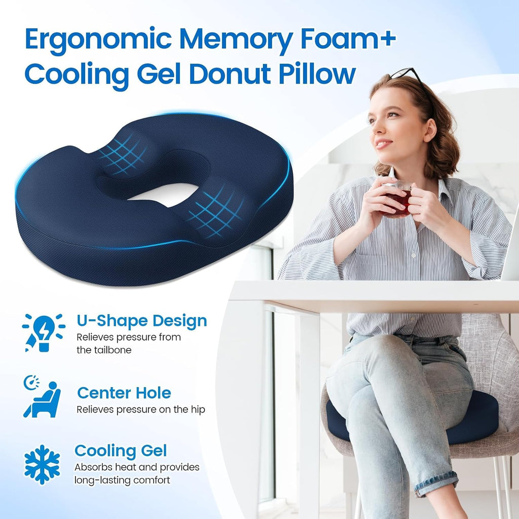 CushZone Donut Pillow Seat Cushion - Cooling Gel Donut Chair Cushions, Memory Foam Seat Cushion for Office & Home, Car Seat Cushion and But…
