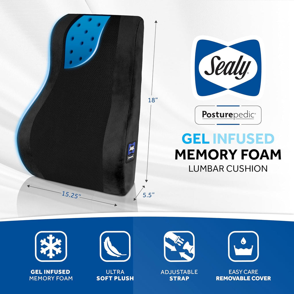 Sealy High Back Memory Foam Lumbar Support Pillow for Office Chair or Gaming Chair, Orthopedic Back Pillow for Car Seat, Black Black
