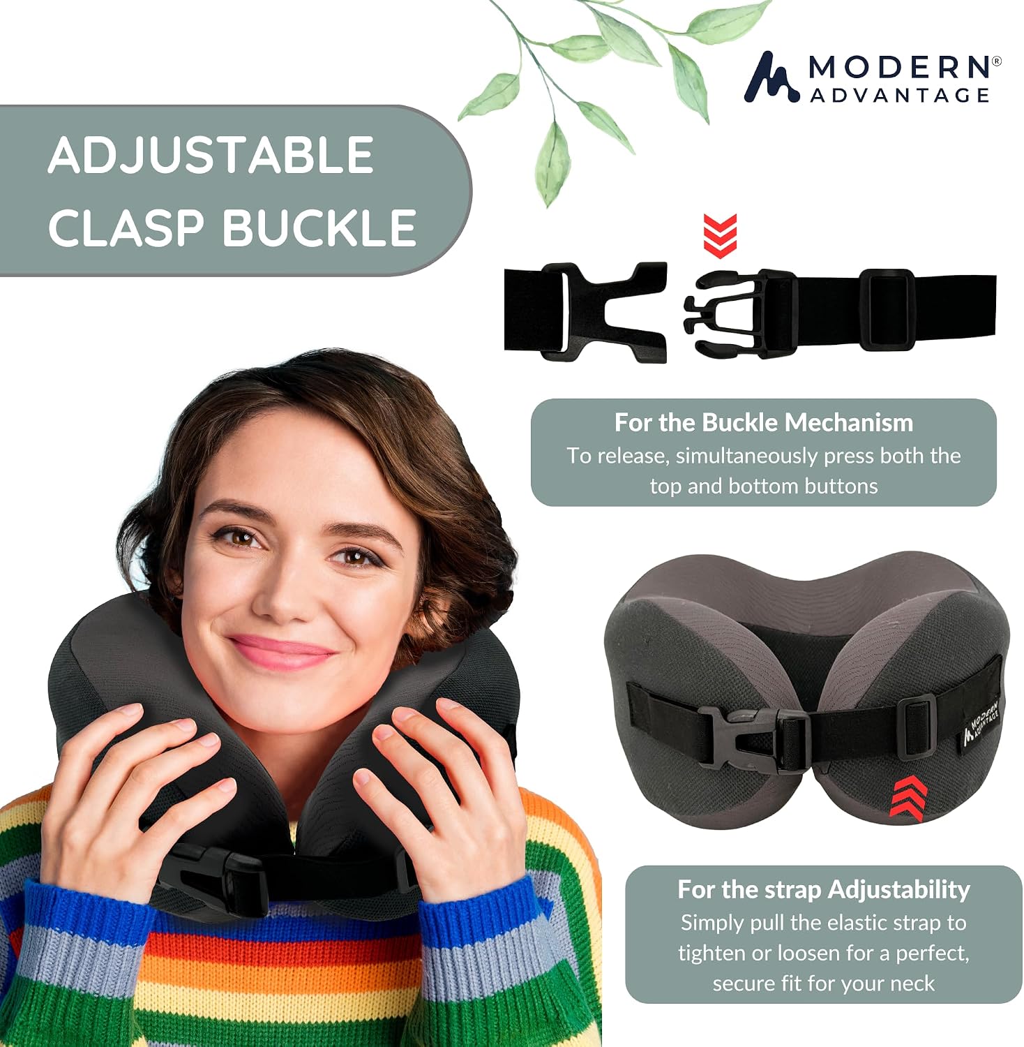 Modern Advantage Memory Foam Travel Neck Pillow for Airplanes – High Density Ergonomic Support, Adjustable Buckle Strap, Removable…