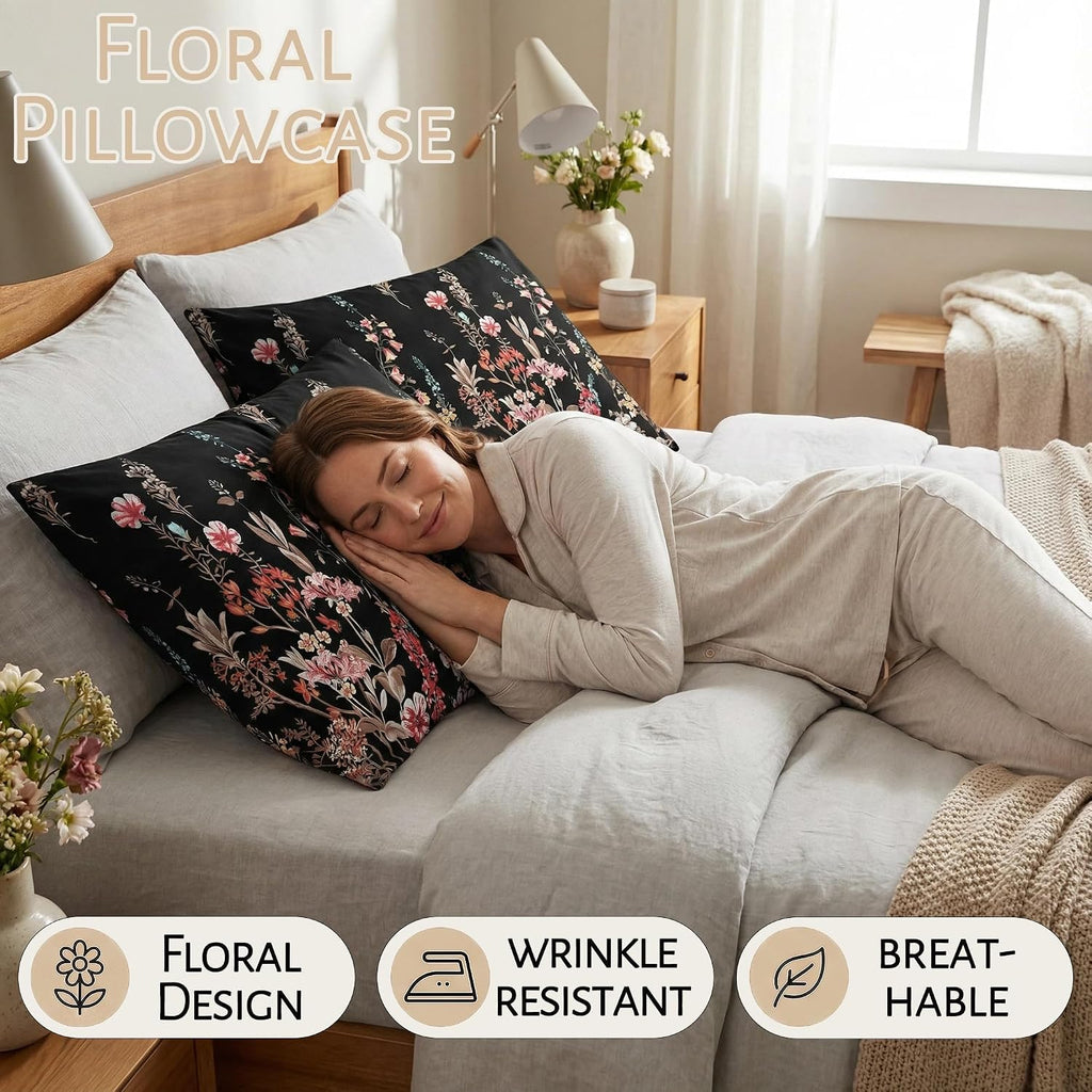 Mag 2 Pack Black Floral Pillowcases Standard Size 20"x26", Soft Microfiber Pillow Covers with Pink Botanical Print, Decorative Bedroom Pill…