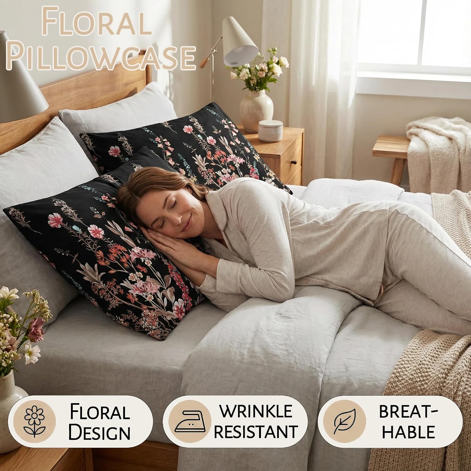 Mag 2 Pack Black Floral Pillowcases Standard Size 20"x26", Soft Microfiber Pillow Covers with Pink Botanical Print, Decorative Bedroom Pill…