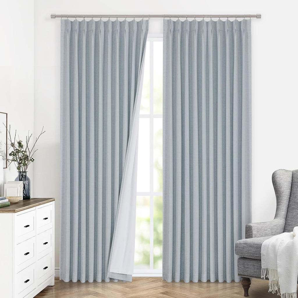 VisionHome Vision Home Blue Fog Pinch Pleated Full Blackout Curtains Linen Blended Room Darkening Window Curtains 102 inch for Living Room…