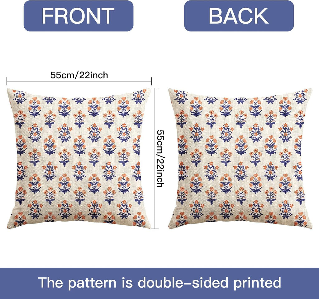 OTOSTAR Floral Print Pillow Covers 22x22 Inch Pack of 2 Double-Sided Navy Blue Orange Flower Square Throw Pillow Covers Farmhouse Rustic…