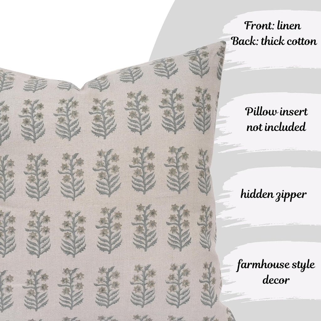 LineandLoop Linen Throw Pillow Covers 20x20 inch Soft Green Spring Decorative Pillow Covers for Living Room, Bedroom 2 inches Cotton Green