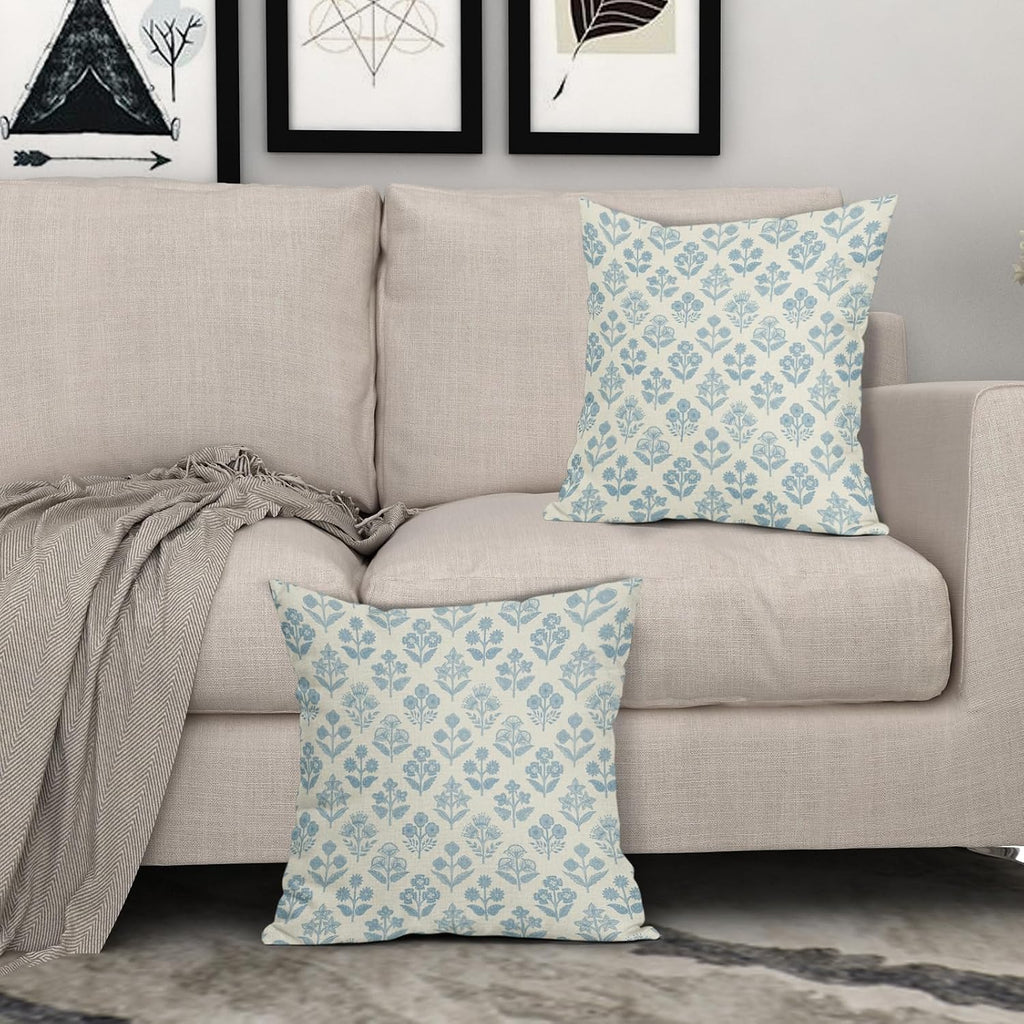 Light Blue Floral Pillow Covers 18x18 Inch Set of 2, Vintage Flower Block Print Pattern Decorative Throw Pillowcases Outdoor Farmhouse…