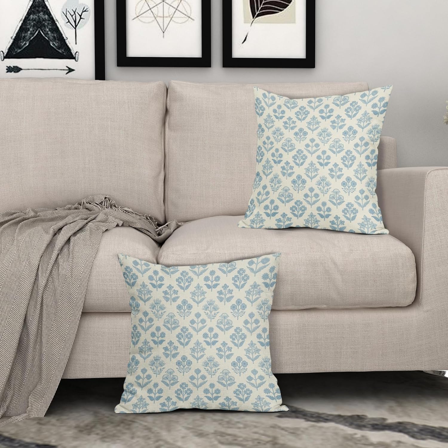 Light Blue Floral Pillow Covers 18x18 Inch Set of 2, Vintage Flower Block Print Pattern Decorative Throw Pillowcases Outdoor Farmhouse…