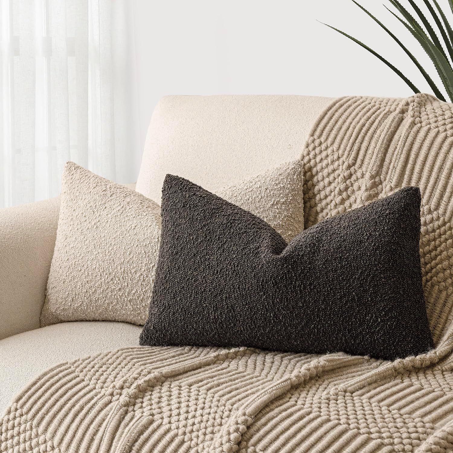 Foindtower Textured Boucle Throw Pillow Covers Accent Solid Lumbar Pillow Cases Cozy Soft Decorative Couch Cushion Case for Chair Sofa…