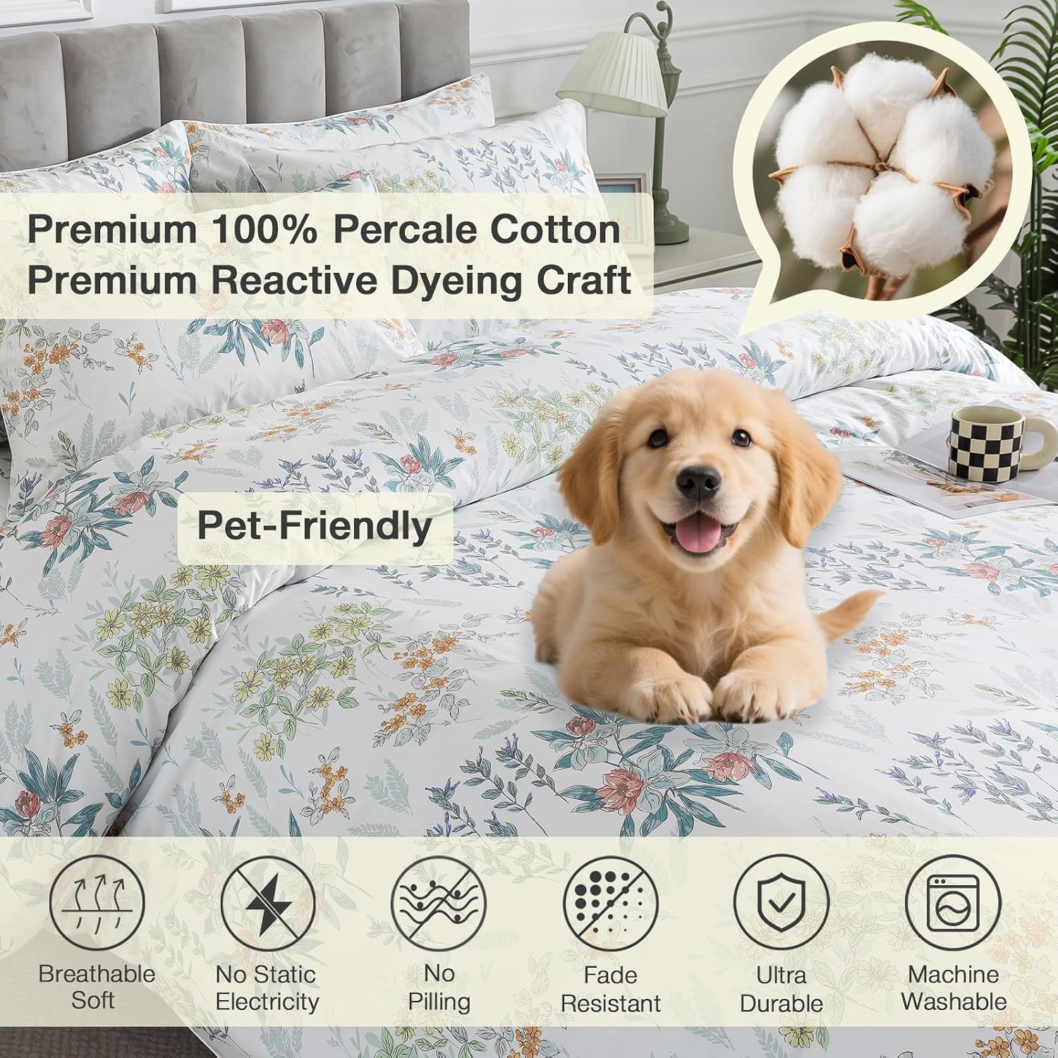 Puralens White Queen Floral Duvet Cover, Shabby Leaf Chic 100% Cotton Percale Duvet Cover Set with Zipper, Flower Patterned Farmhouse Toile…