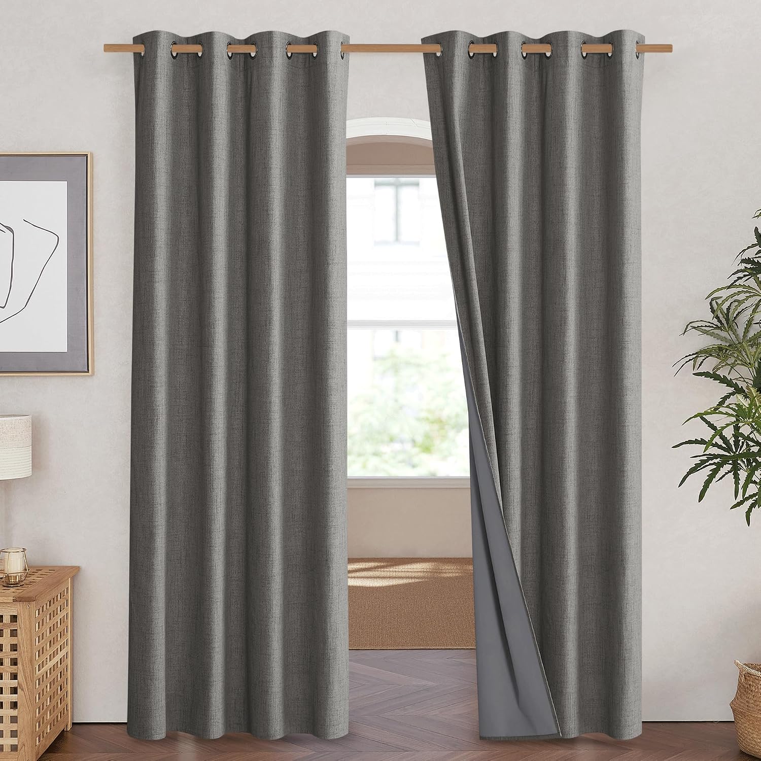 NICETOWN Grizzle Gray Vintage Linen 100% Blackout Curtains for Living Room, Thermal Insulated Curtains 90" Long, Noise Reducing Window…
