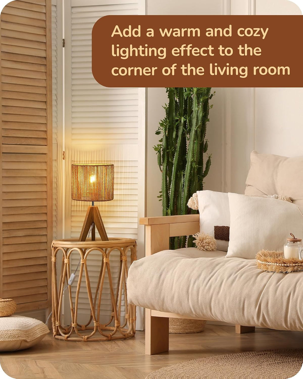 EDISHINE Small Rattan Table Lamp, Wood Tripod Bedside Lamp, Boho Nightstand Lamp for Living Room, End Table, Office, E26 Base, Natural Style