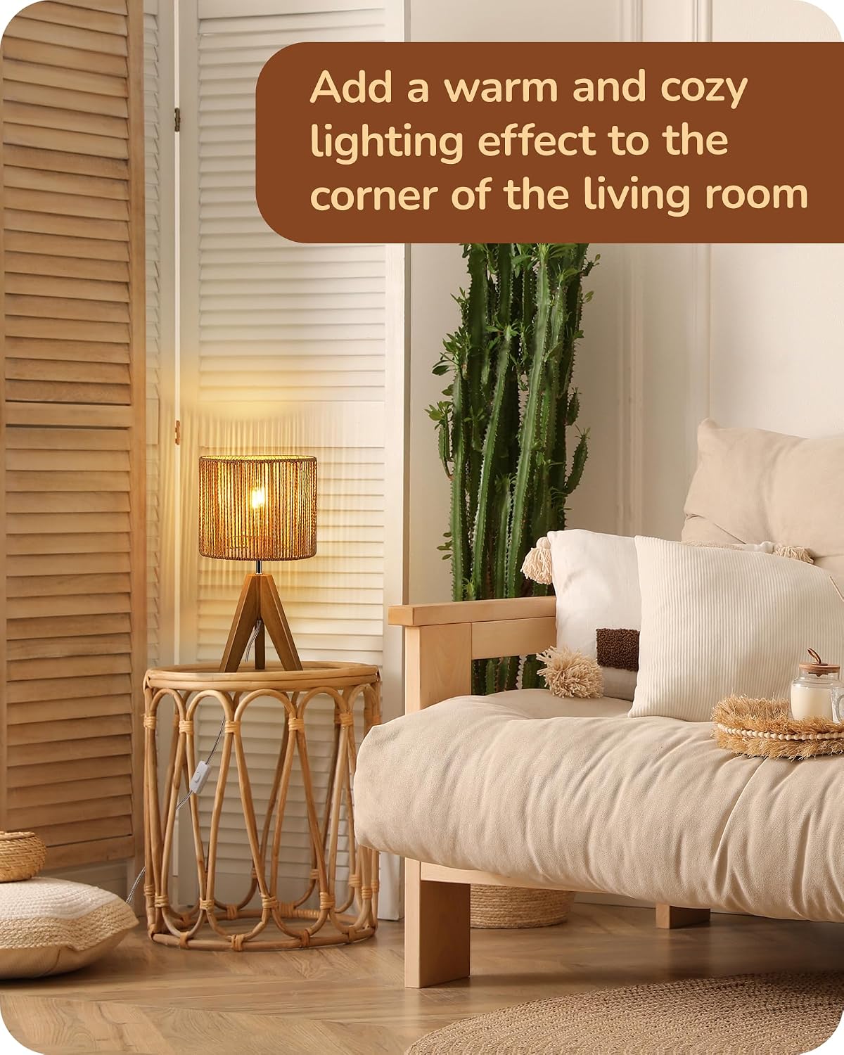 EDISHINE Small Rattan Table Lamp, Wood Tripod Bedside Lamp, Boho Nightstand Lamp for Living Room, End Table, Office, E26 Base, Natural Style