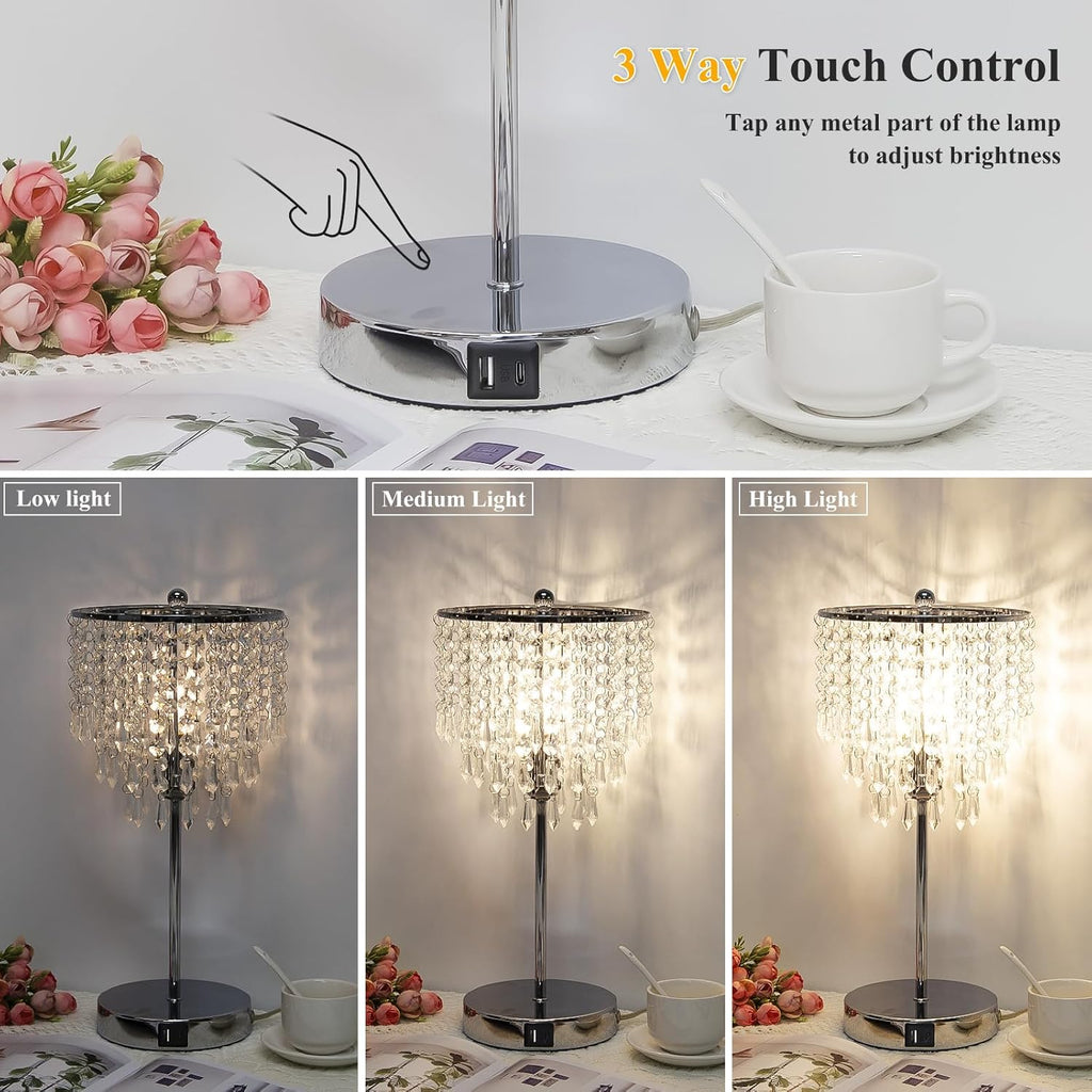 Touch Control Crystal Table Lamp with USB C+A Charging Ports, 3-Way Dimmable Bedside Touch Lamp Decorative Nightstand Lamp with Elegant…