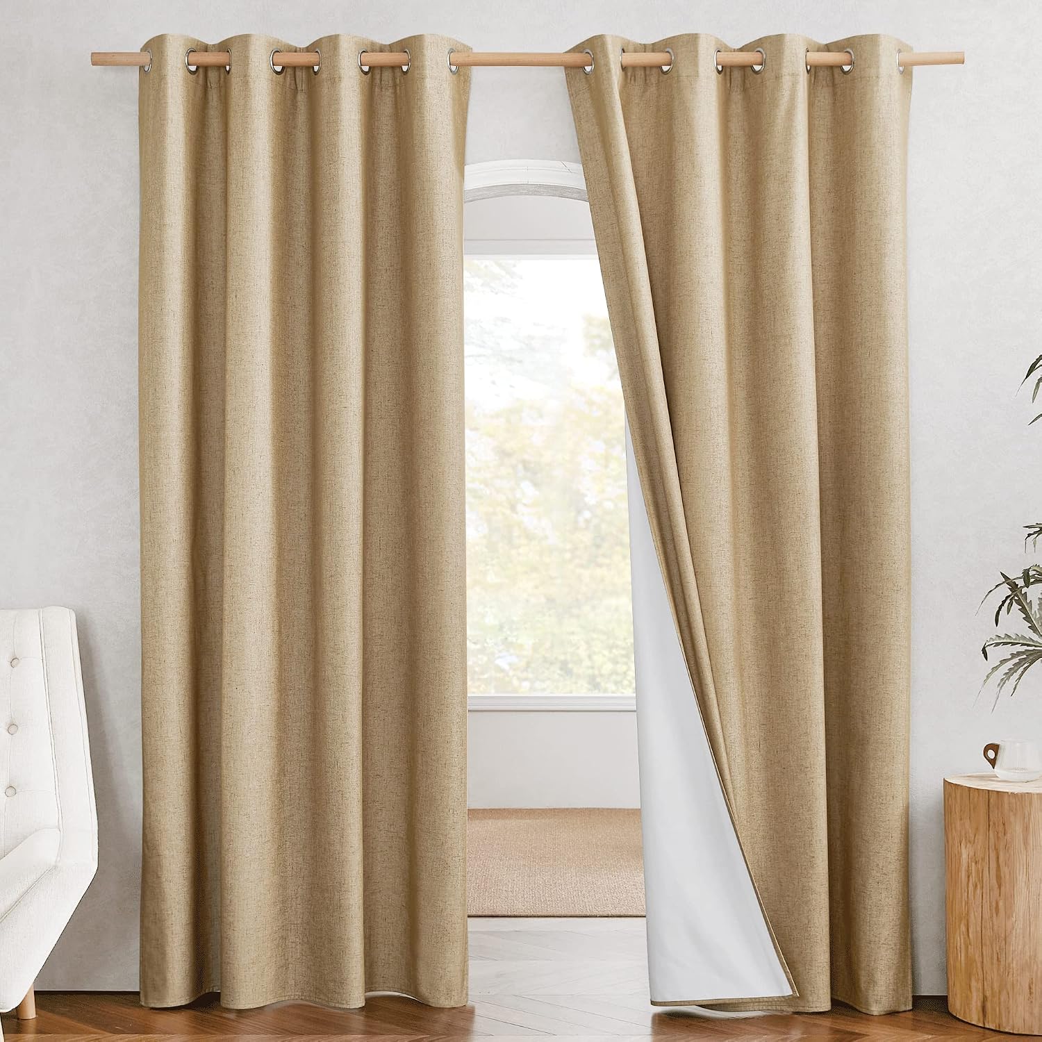 NICETOWN 100% Absolutely Blackout Linen Curtains with Thermal Insulated White Liner, Camel, W52 x L90, 2 Panels, Textured Linen Look…