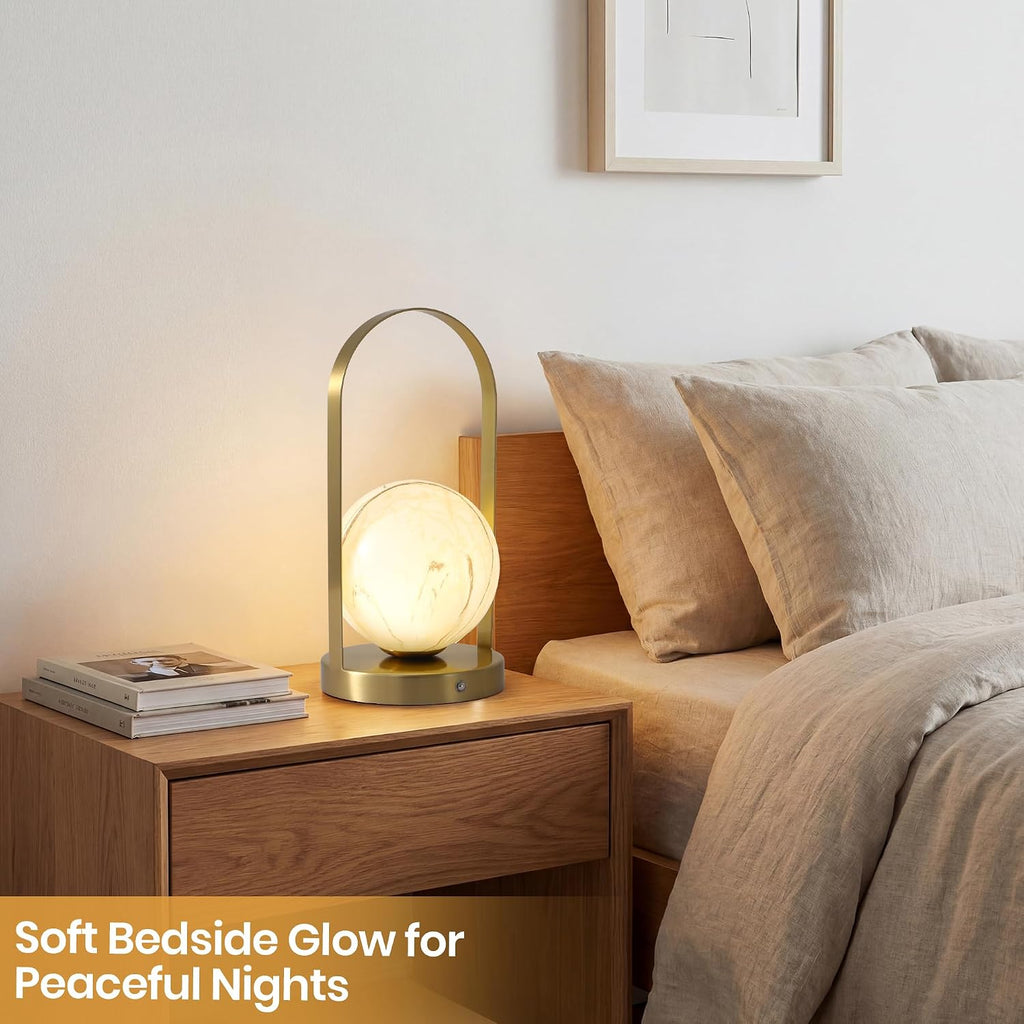 Portable Rechargeable Table Lamp with Marble Pattern Glass Shade – Gold Plated Metal Frame, Cordless LED Desk Light for Bedroom, Nursery…