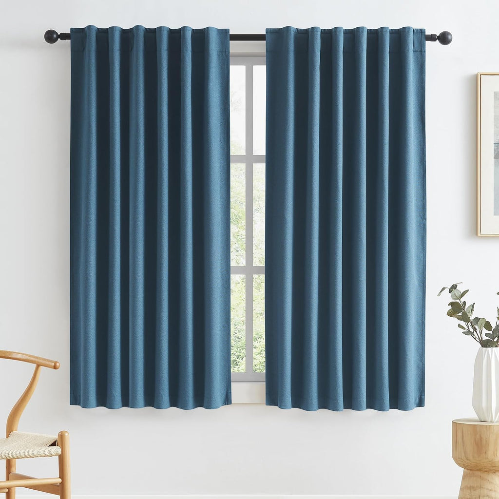 Keqiaosuocai Blue Denim Full Blackout Linen Curtains 63 Inch Long 2 Panels, Nautical Boho Farmhouse Decor Noise Reducing Heat Blocking Drap…
