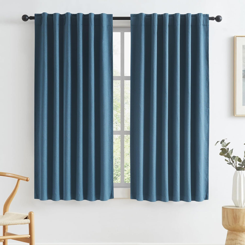 Keqiaosuocai 100% Blackout Linen Textured Curtains 45 Inches Long 2 Panels, Energy Smart Black Out Drapes for Boys Bedroom Playroom Guest R…