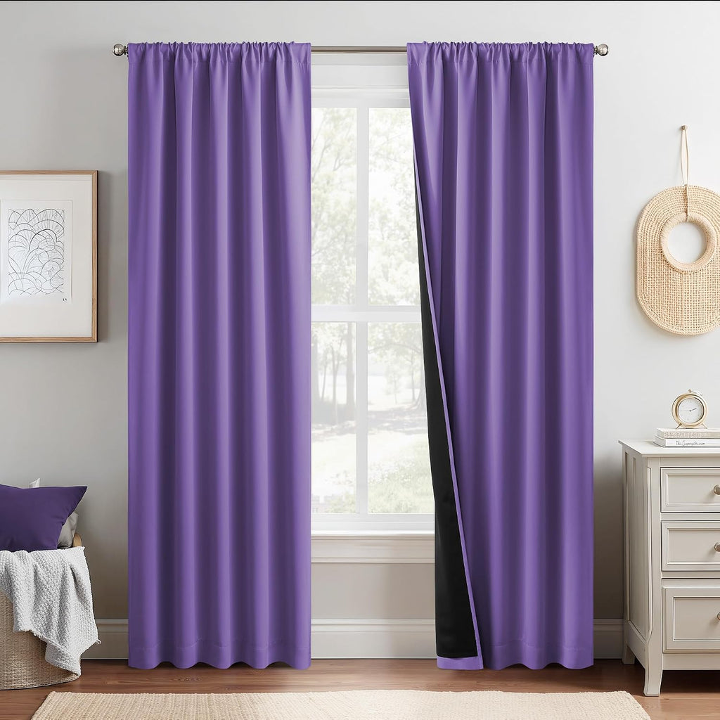 Nicetown 100% Blackout Curtains for Nursery, Lilac Purple W52 x L84 Set of 2 Light Blocking & Soundproof Drapes, Rod Pocket Black Lined Wind…