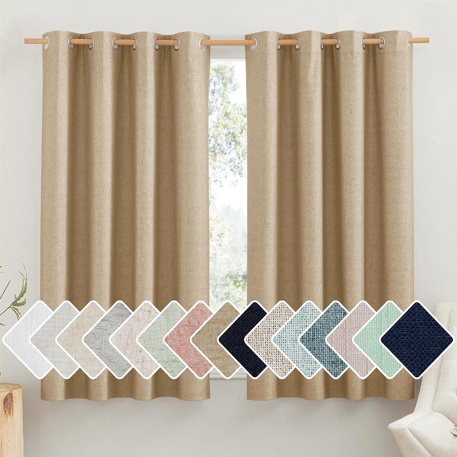 NICETOWN 100% Absolutely Blackout Linen Curtains with Thermal Insulated White Liner, Camel, 52" Wide by 63" Long, 2 Pieces, Linen Blend…