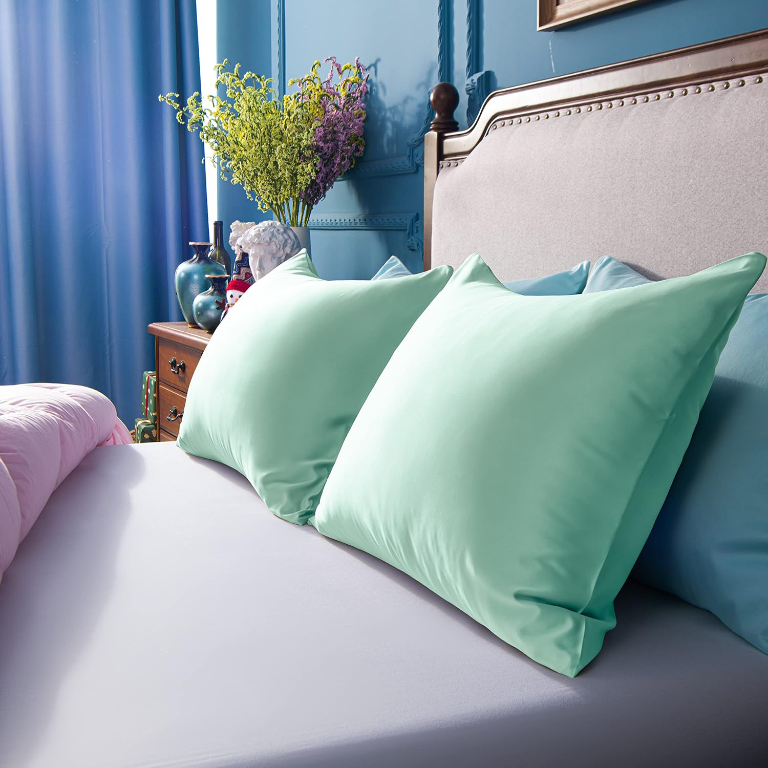 Ntbay Zippered Satin Pillow Cases for Hair and Skin, Luxury King Hidden Zipper Pillowcases Set of 2, 20x36 Inches, Cyan 36 Inches