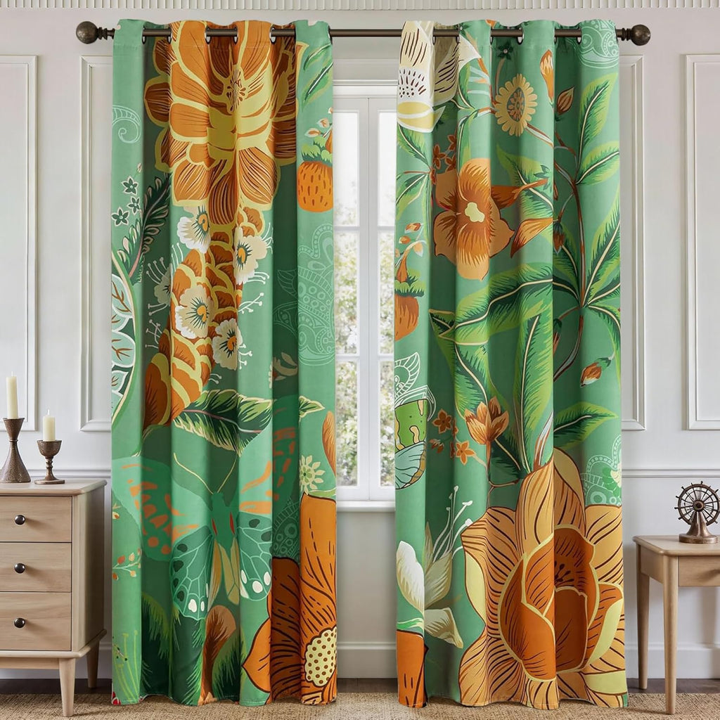 Tyrot Sage Green Boho Floral 100% Blackout Curtains for Bedroom 63 inch Long 2 Panels Butterfly Botanical Black Out Curtains for Living…