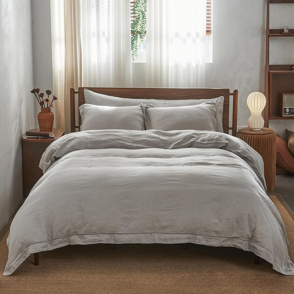 Simple&Opulence 100% Washed Linen Duvet Cover with Embroidered, 3 Pieces Soft Farmhouse Comforter Set with Button Closure,1…