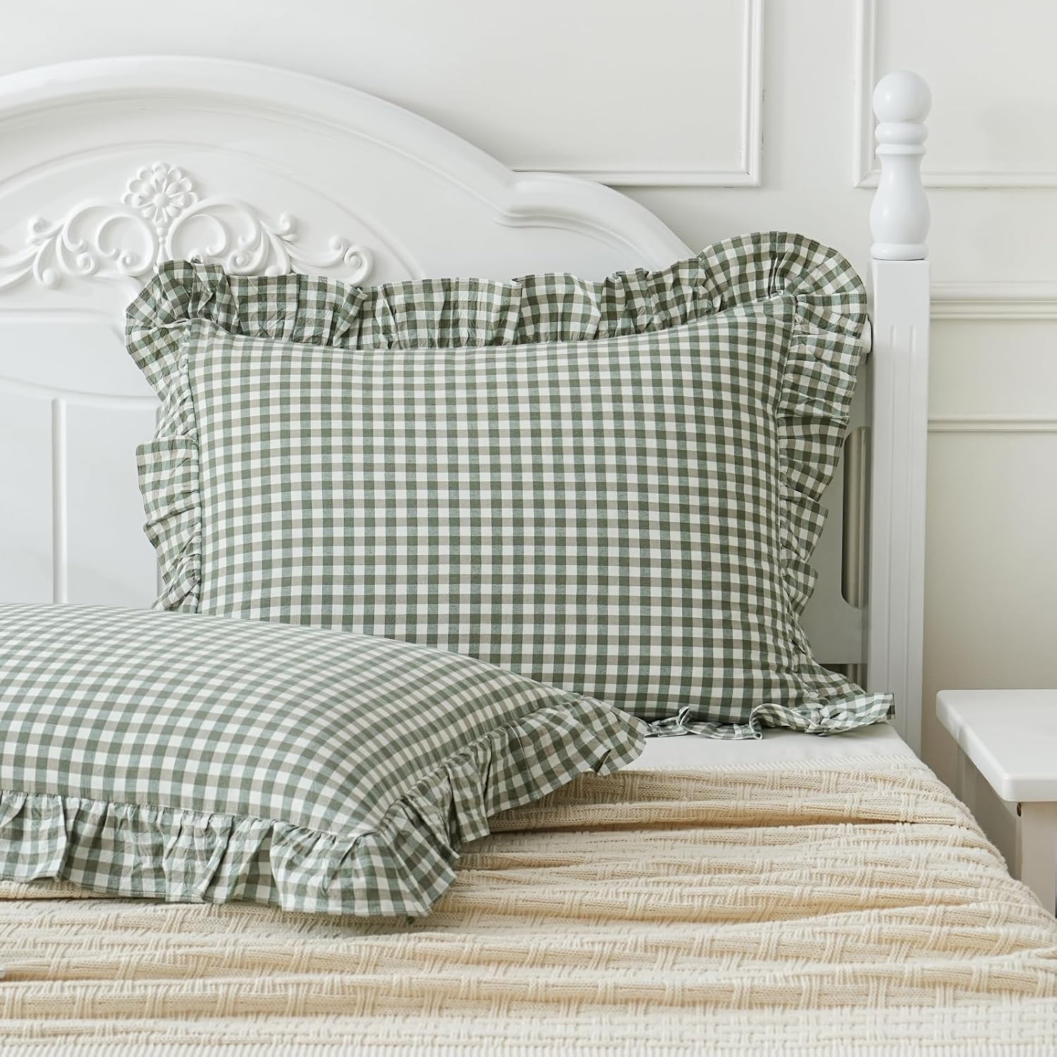 Qilunn 2 Pack Sage Green White Plaid Ruffle Pillow Shams Standard Size 20x26 inches, 100% Cotton Gingham Checkered Farmhouse Pillowcases fo…