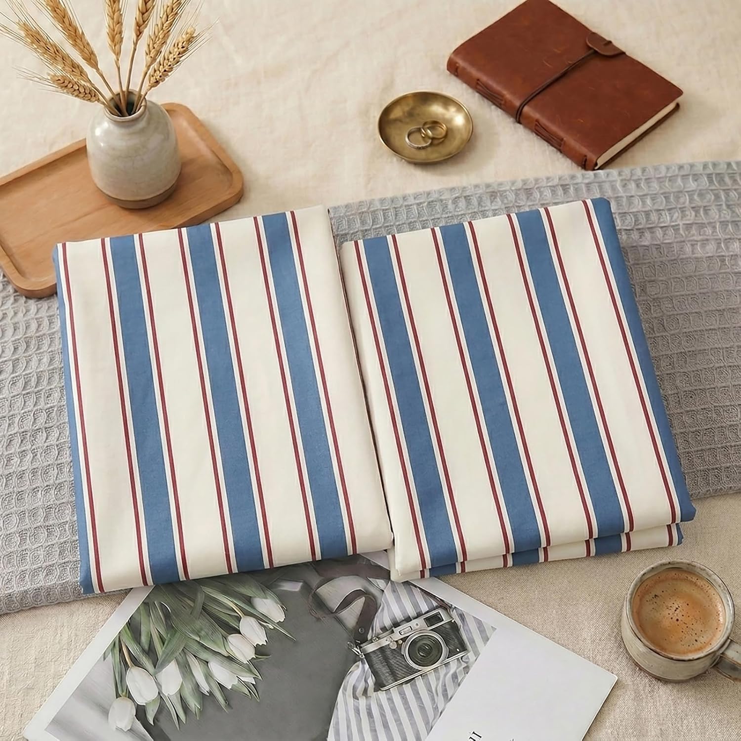 Merryword White and Blue Striped Pillowcases, 100% Cotton Pillow Cases, King Size Pillowcases, Luxury Linen Like Pillowcase, Soft Breathabl…