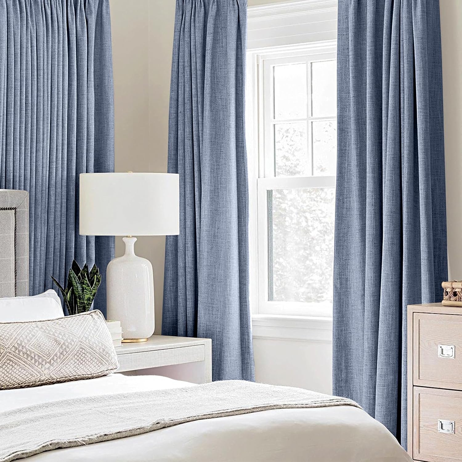 Miulee Linen Texture Curtains for Bedroom Solid 100% Blackout Thermal Insulated Stone Blue Curtains Grommet Room Darkening Drapes Luxury De…