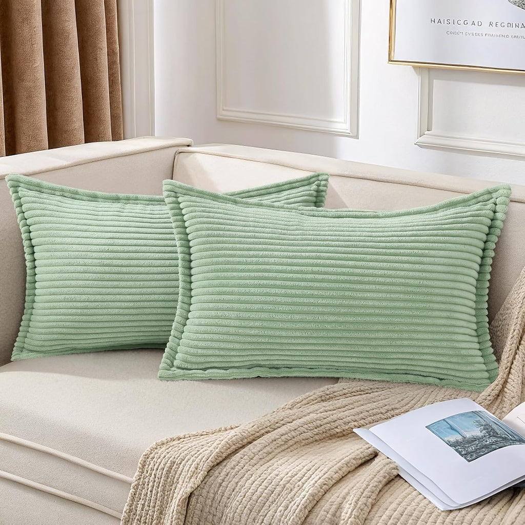 Mecatny Corduroy Summer Throw Pillow Covers 12x20 Set of 2, Neutral Decorative Soft Boho Lumbar Couch Pillow Covers with Broadside for…