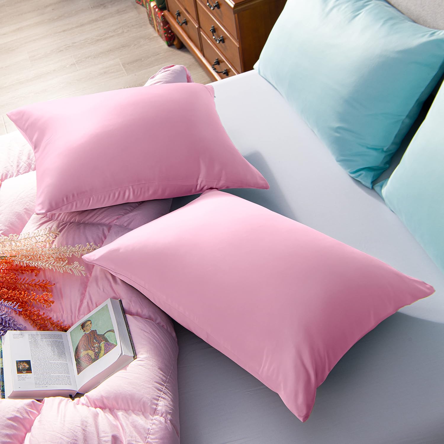 Ntbay Zippered Satin Pillow Cases for Hair and Skin, Luxury King Hidden Zipper Pillowcases Set of 2, 20x36 Inches, Light Pink 36 Inches Pink