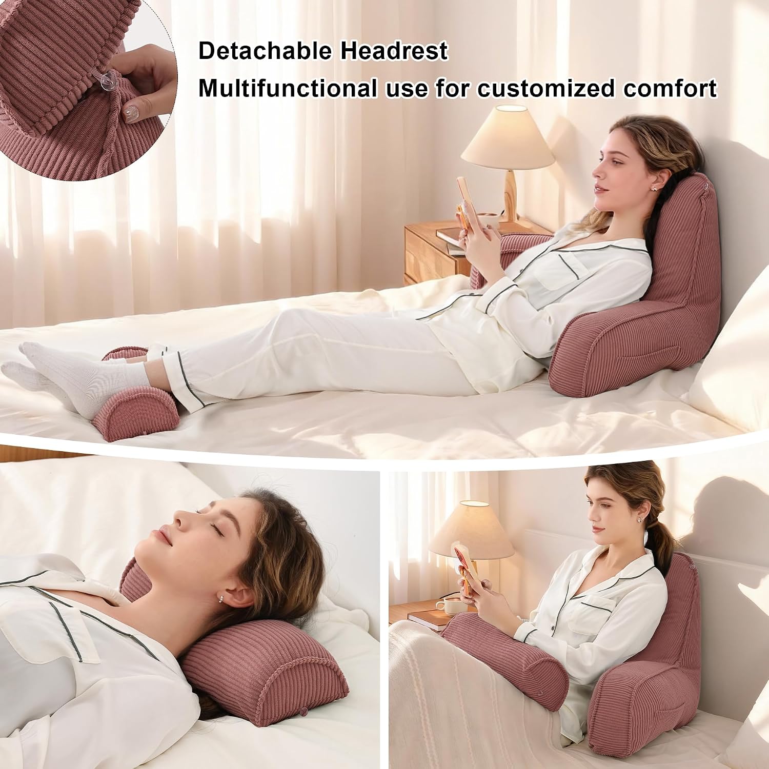 Ailuteie Corduroy Reading Pillow with Arms & Detachable Neck Roll, Bed Rest Back Support, Adult Cushion for Sitting Sofa & Floor, Side Pock…