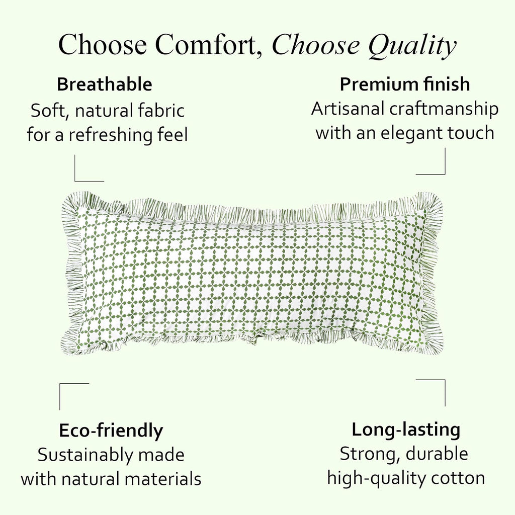 Cottonprintclub CPC Hand Block Print Kelly Green Ruffle Sham Pillow Cover 36" x 14" inch Hidden Zipper Decorative Pillowcase for Couch, Bed…