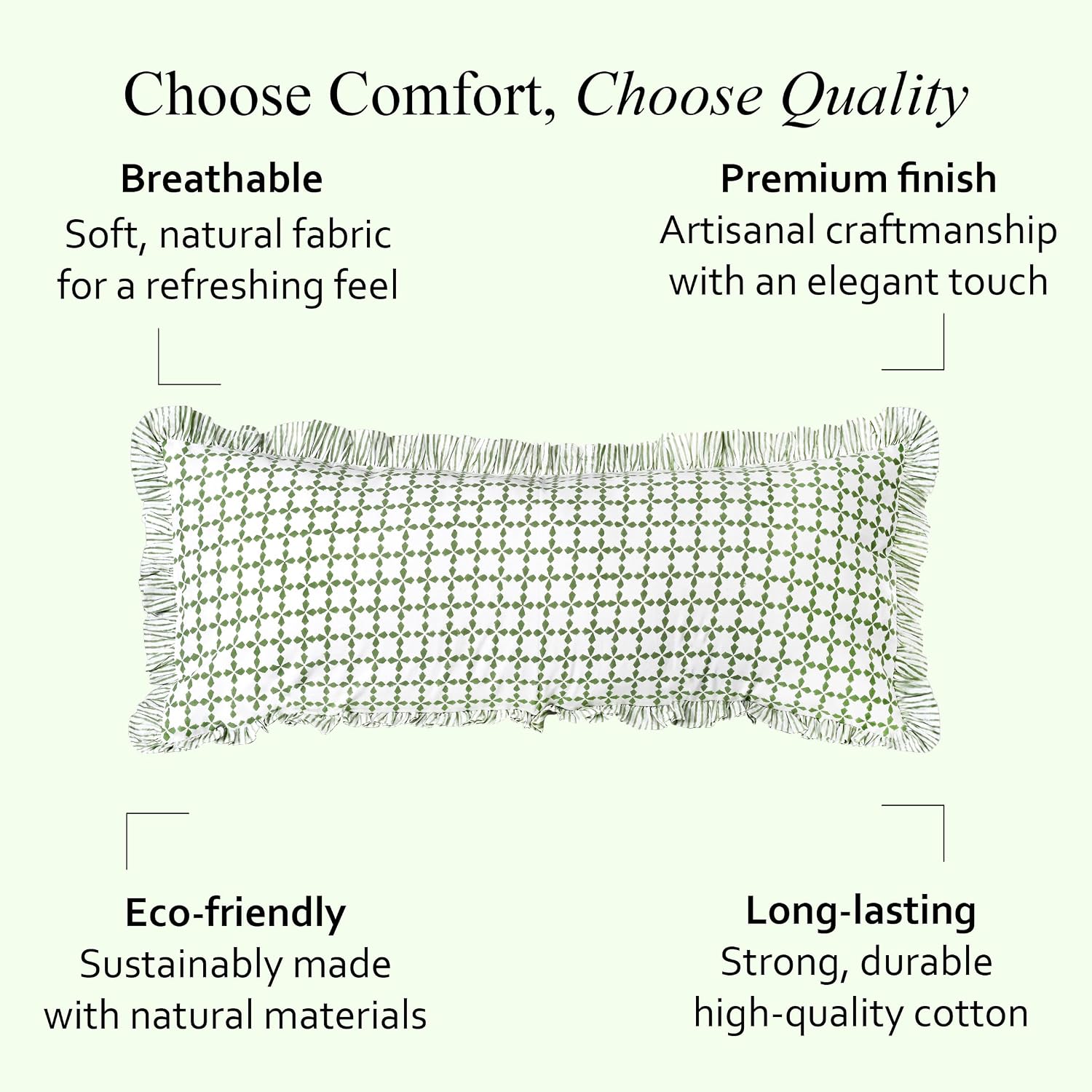 Cottonprintclub CPC Hand Block Print Kelly Green Ruffle Sham Pillow Cover 36" x 14" inch Hidden Zipper Decorative Pillowcase for Couch, Bed…
