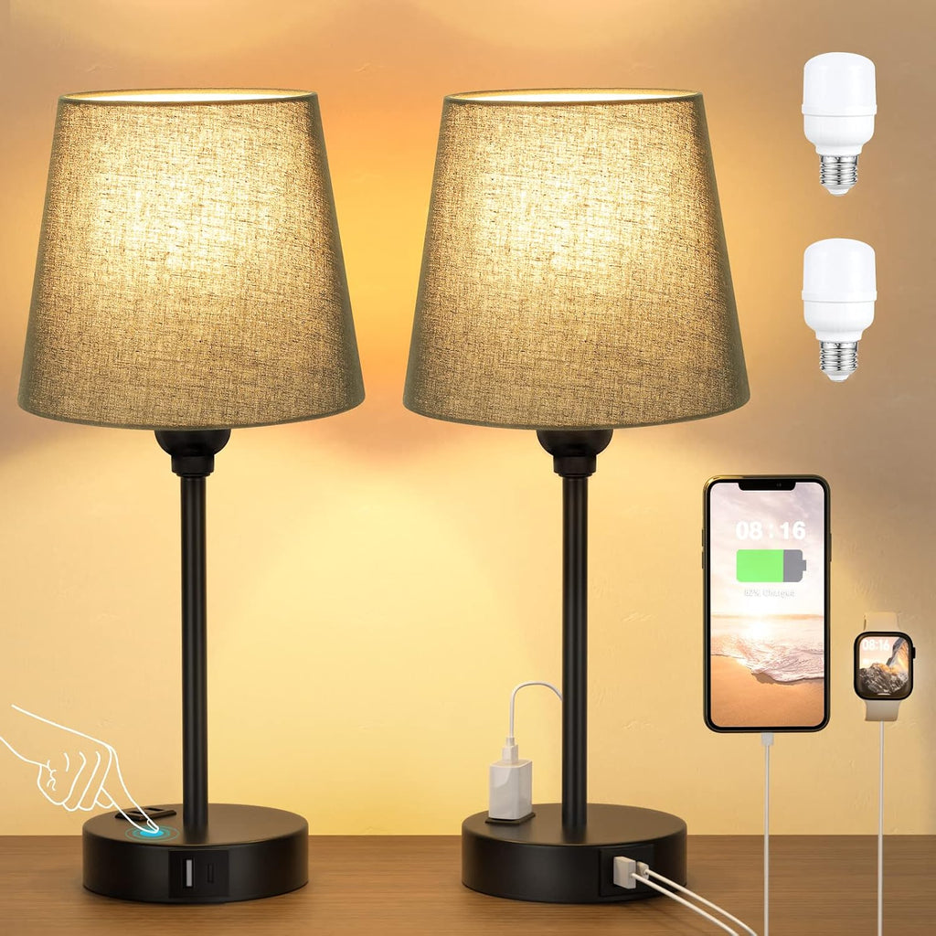Black Lamp for bedrooms Set of 2 - Nightstand Bedroom Lamp with USB C Port and AC Outlet Charging, 3 Way Dimmable Touch Control Bed Side…
