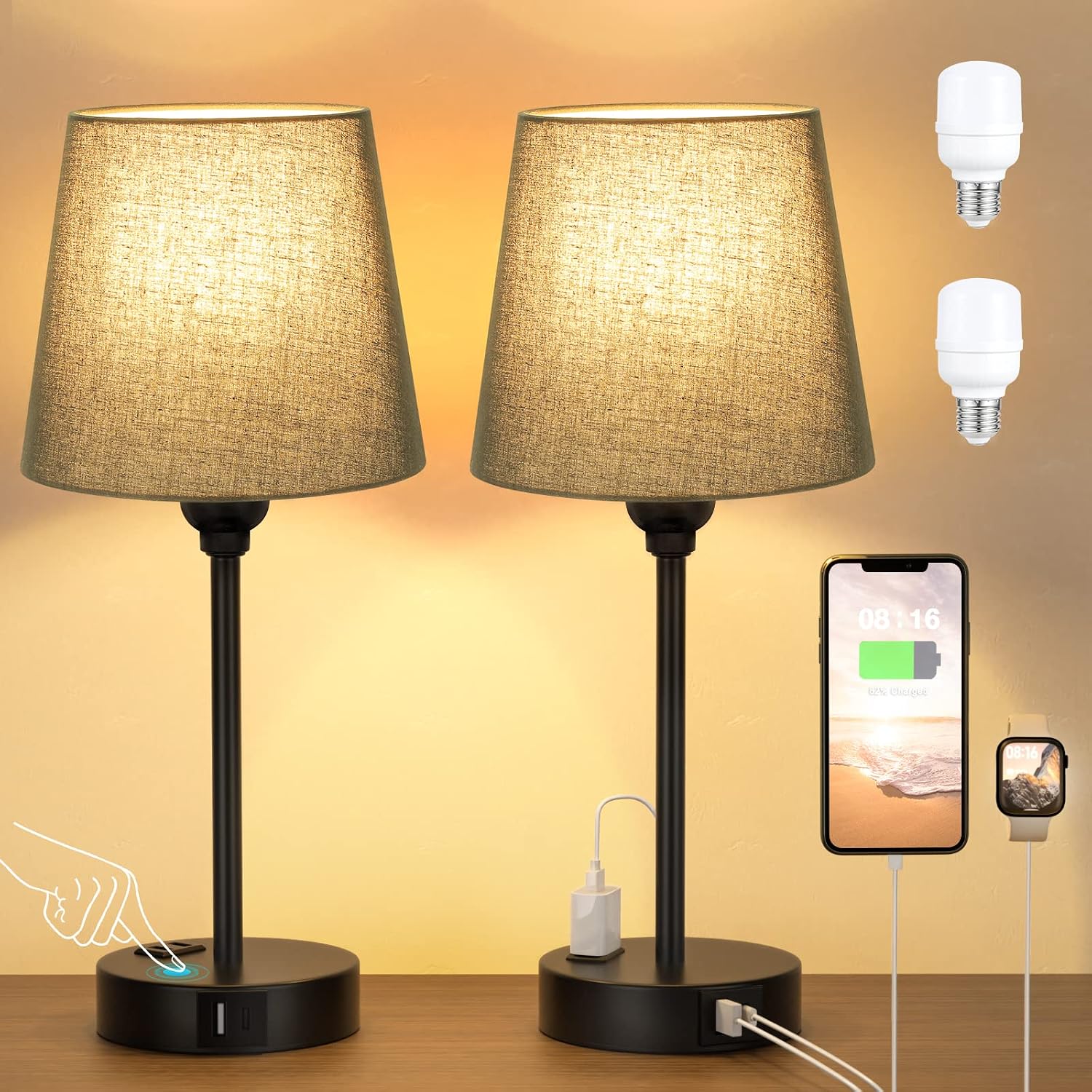 Black Lamp for bedrooms Set of 2 - Nightstand Bedroom Lamp with USB C Port and AC Outlet Charging, 3 Way Dimmable Touch Control Bed Side…