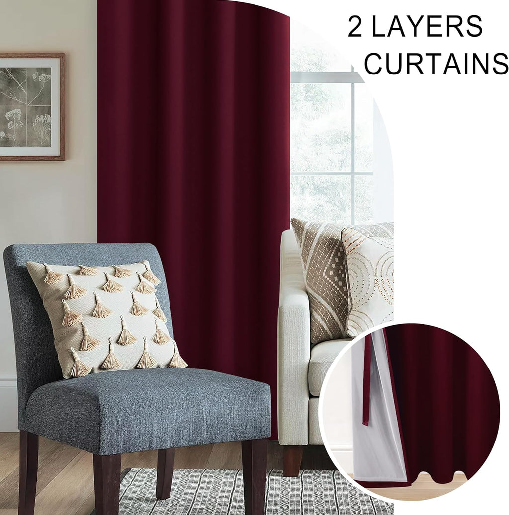 Xwzo 100% Blackout Curtains with Tiebacks - Heat and Light Blocking Ring Top Window Drapes with Black Liner Backing for Bedroom Sewn with T…