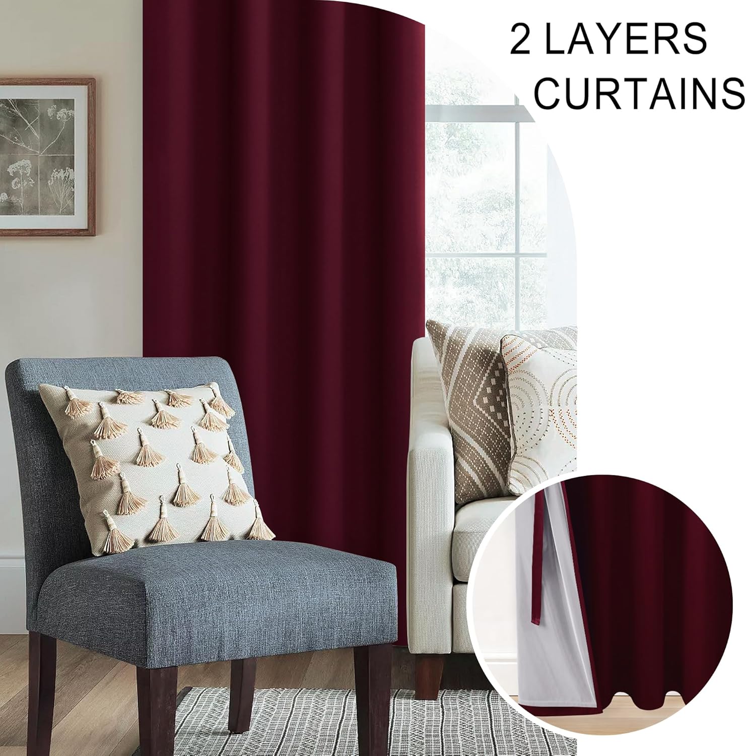 Xwzo 100% Blackout Curtains with Tiebacks - Heat and Light Blocking Ring Top Window Drapes with Black Liner Backing for Bedroom Sewn with T…