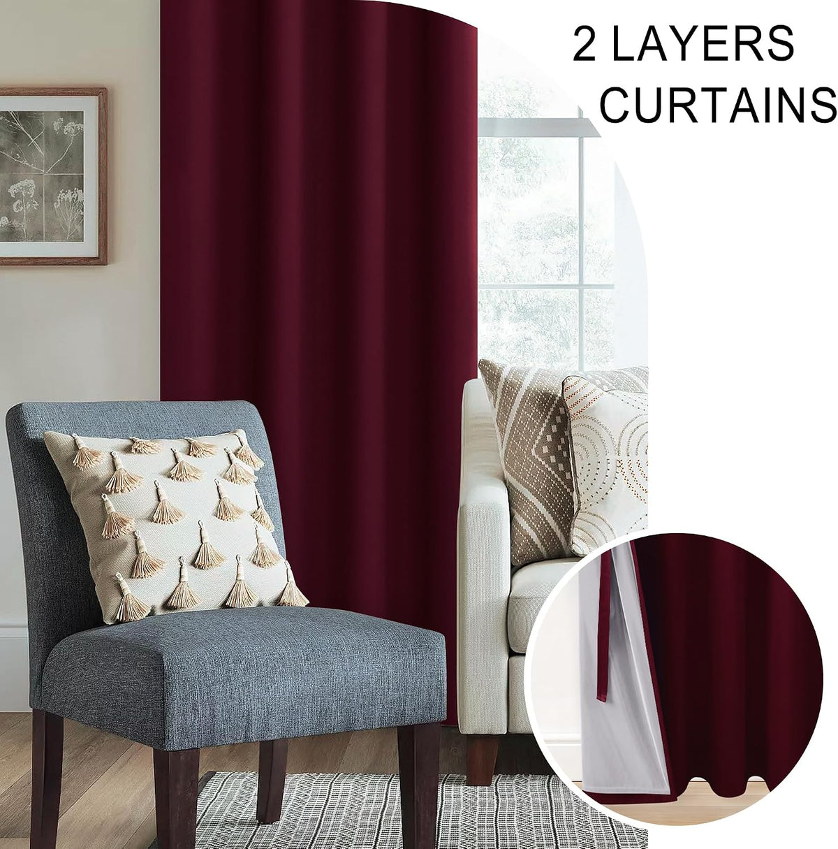 Xwzo 100% Blackout Window Curtains - Thermal Insulated & Noise Reduction Black Liner Ring Top Window Treatment Sewn with Tiebacks for Bedro…