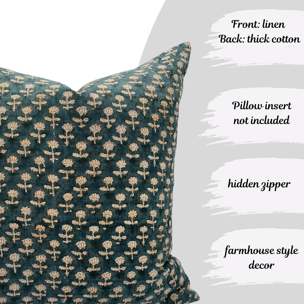 LineandLoop Linen Blue Throw Pillow Covers 20x20 inch Floral Pillows Spring Decorative Pillow Covers for Living Room, Bedroom 2 inches cott…