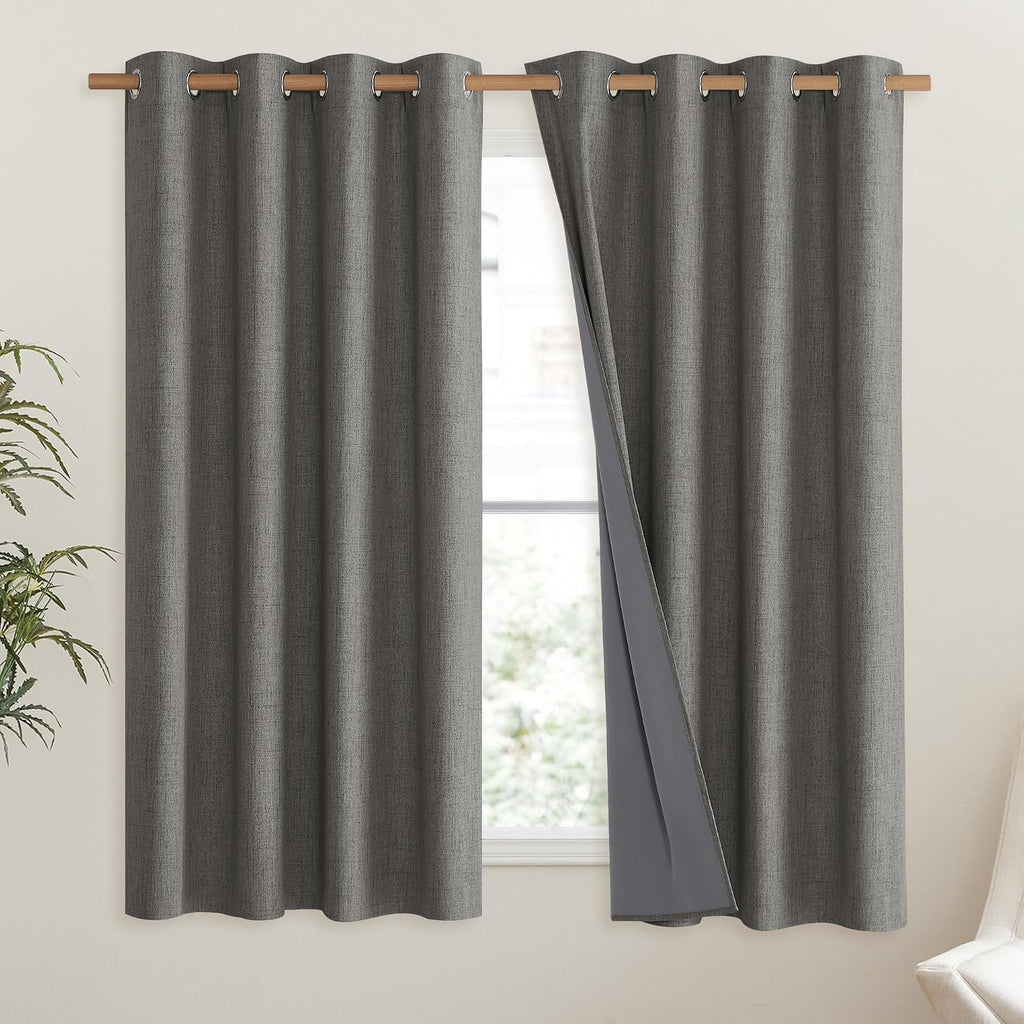 NICETOWN Grizzle Gray Vintage Linen 100% Blackout Curtains for Living Room, Thermal Insulated Curtains 63" Long, Noise Reducing Window…
