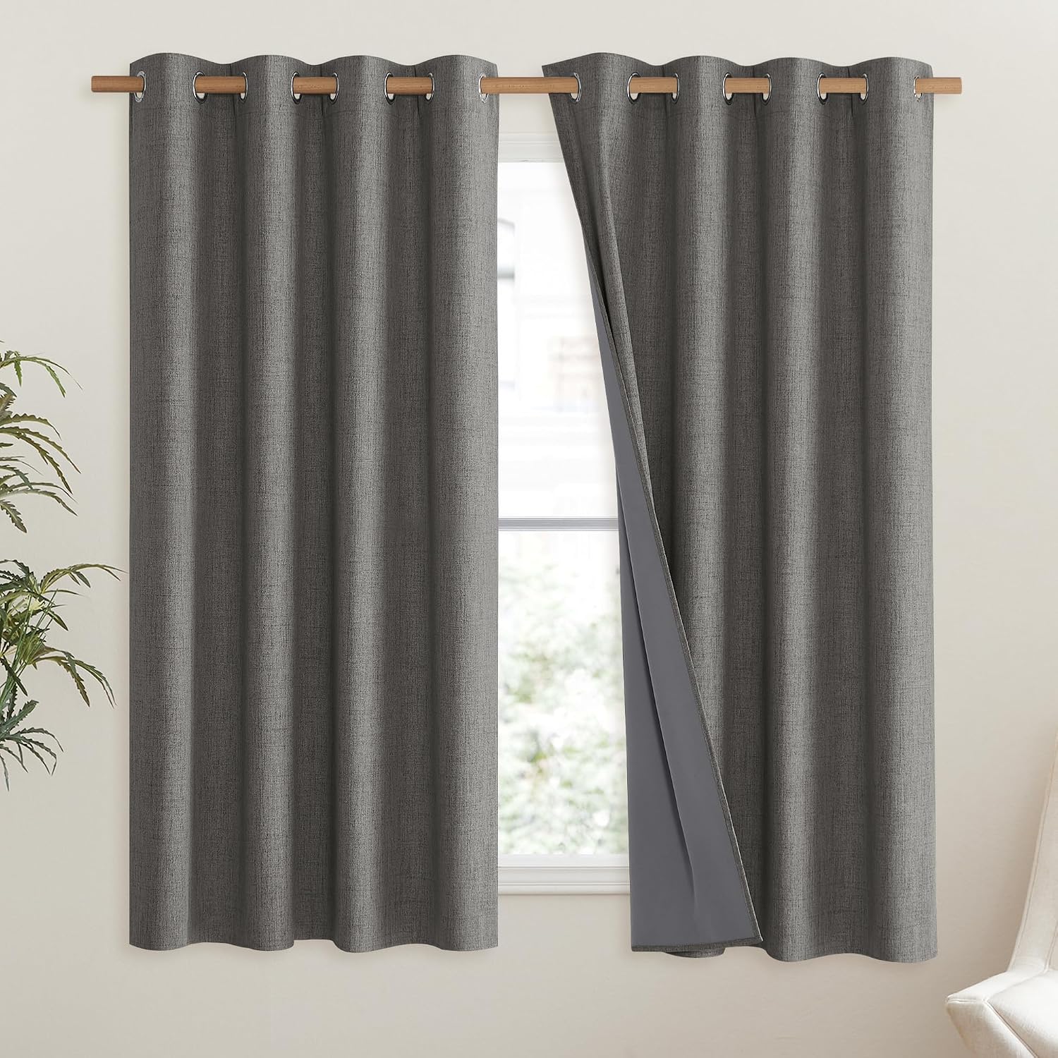 NICETOWN Grizzle Gray Vintage Linen 100% Blackout Curtains for Living Room, Thermal Insulated Curtains 63" Long, Noise Reducing Window…