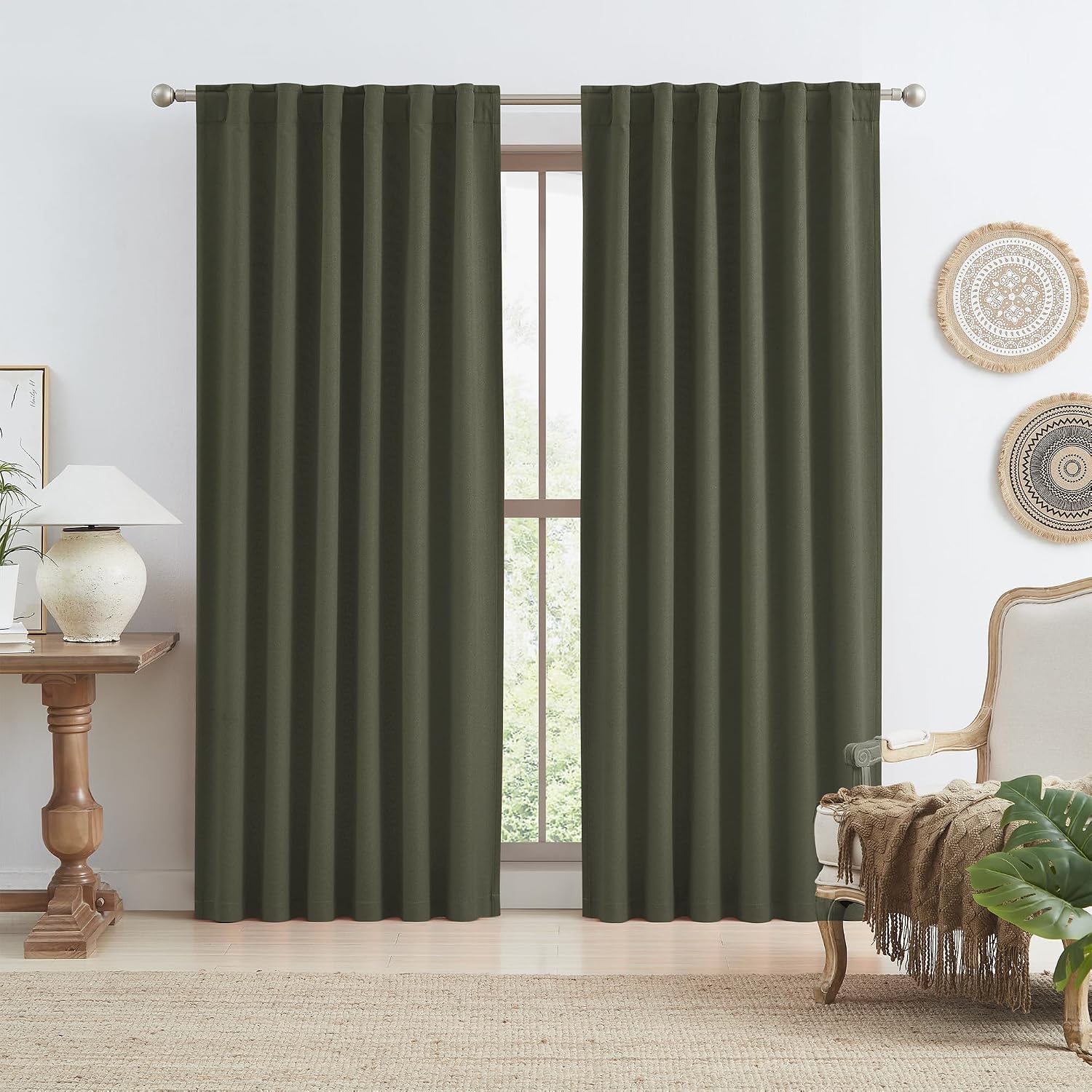 Keqiaosuocai Dark Olive Green Blackout Curtains 84 Inches Long 2 Panels Set- Faux Linen Textured Black Out Thermal Insulated Noise Reductio…
