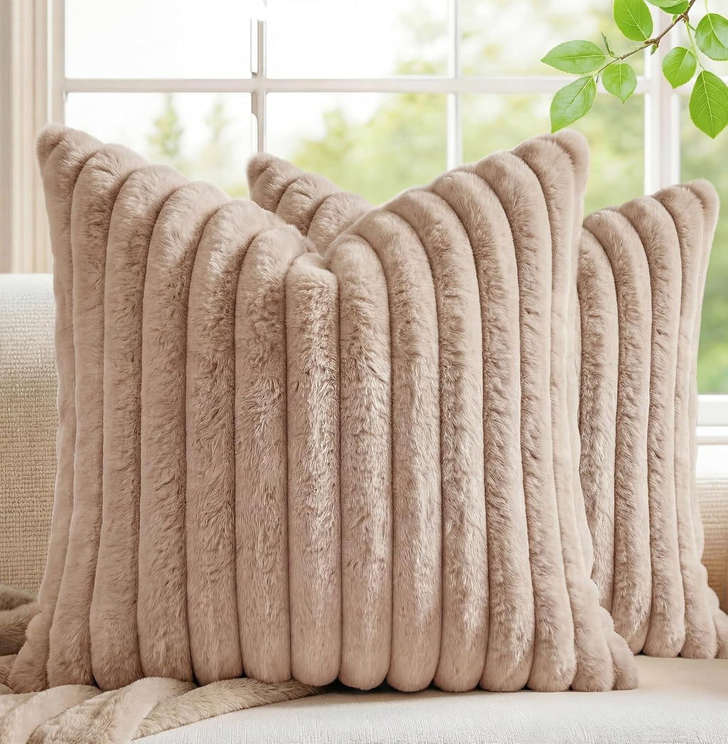 MEGAYES Pack of 2 Throw Pillow Covers 20x20 Decorative Solid Plush Faux Fur with Soft Velvet Back, Square Striped Cushion Cases Mode…