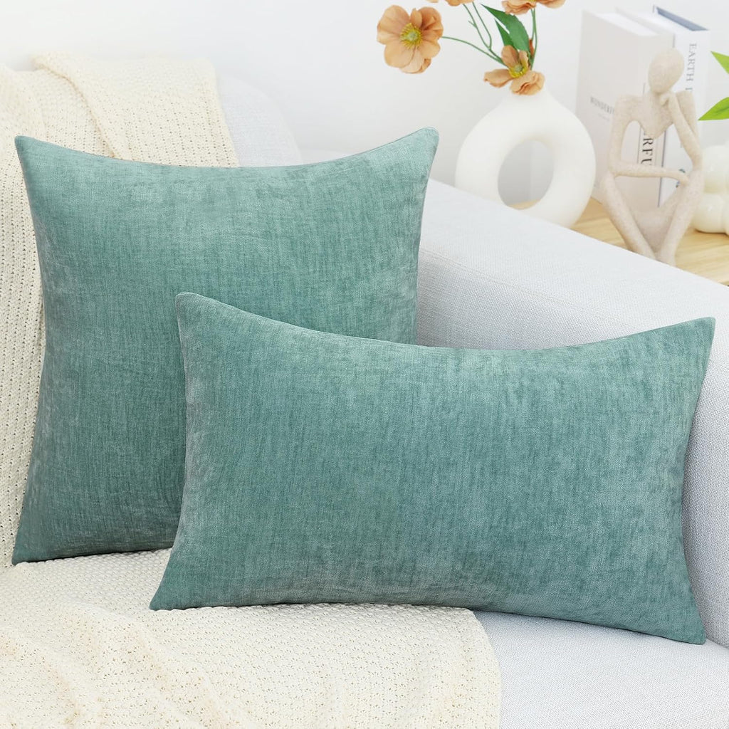 decorUhome Chenille Aqua Haze Throw Pillow Covers 18x18 Inch Set of 2, Decorative Soft Couch Pillow Covers Solid Dyed Accent Velvet Farmhou…